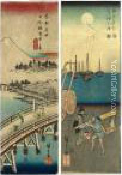````takanawa No Tsuki' (moon In 
Takanawa) From The Series ````edo Meisho' (famous Places In Edo) And 
````nihonbashi Secchu No Kei' (nihonbashi In Snow) From The Series 
````toto Meisho' Oil Painting - Utagawa or Ando Hiroshige