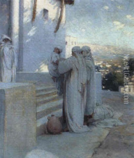 Samuel Offered On The Steps Of The Church Oil Painting - Walter H. Everett