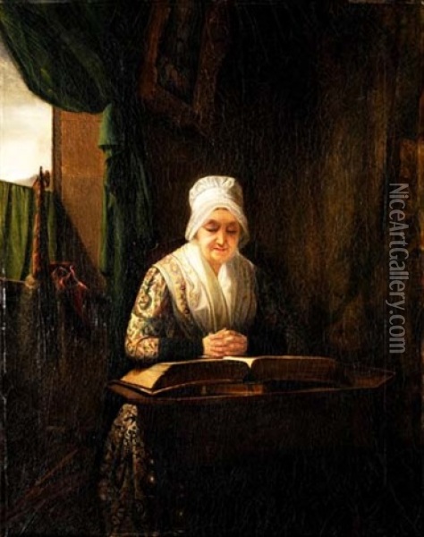 Interieur Mit Alterer Frau Beim Lesen Der Bibel Oil Painting - Amile-Ursule Guillebaud