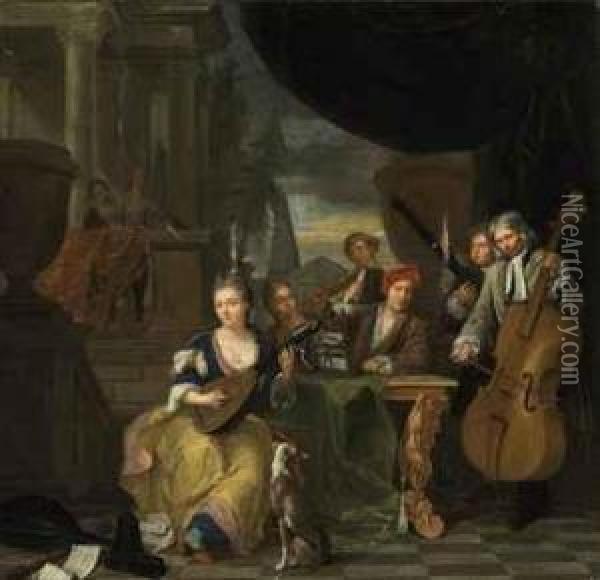 Musicians On A Terrace, Playing Lute, Cello And Oboe, In Aclassical Architectural Setting Oil Painting - Balthazar Van Den Bossche
