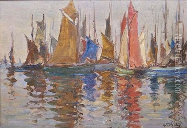 Sailing Boats In Concarneau Harbour Oil Painting - Aloysius C. O'Kelly