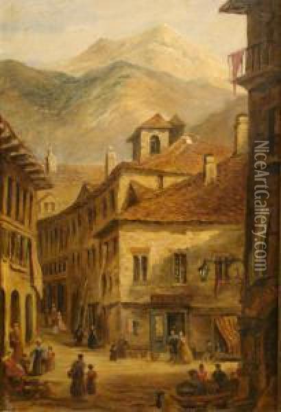 Figures Gathered Outside A Hotel In A French Alpine Village Oil Painting - William Collingwood Smith