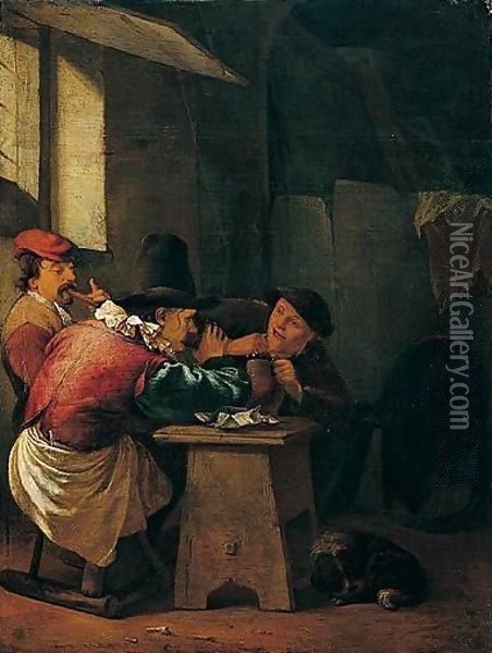 An interior with two men drinking and another playing a recorder Oil Painting - Johannes Natus