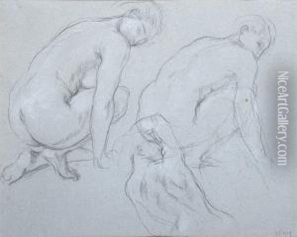 Studies Of Nude Figures Stooping, Anotherwith Her Arm Above Her Head Oil Painting - Charles Haslewood Shannon
