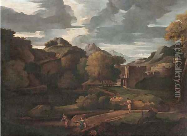 An Italianate landscape with figures on a path, classical buildings beyond Oil Painting - Gaspard Dughet