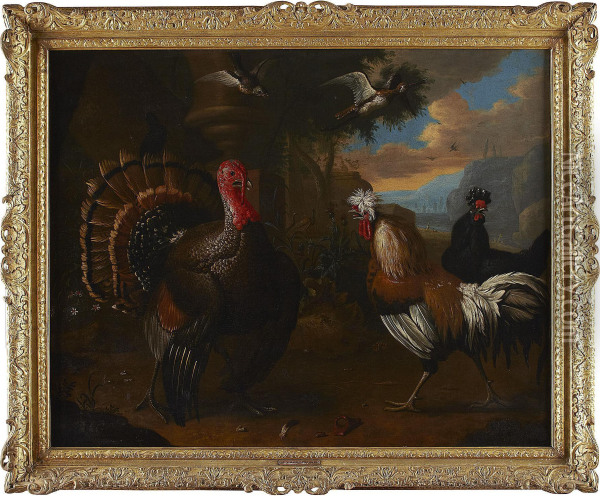 Ornamental Fowl In An Italianate Landscape Oil Painting - Melchior de Hondecoeter