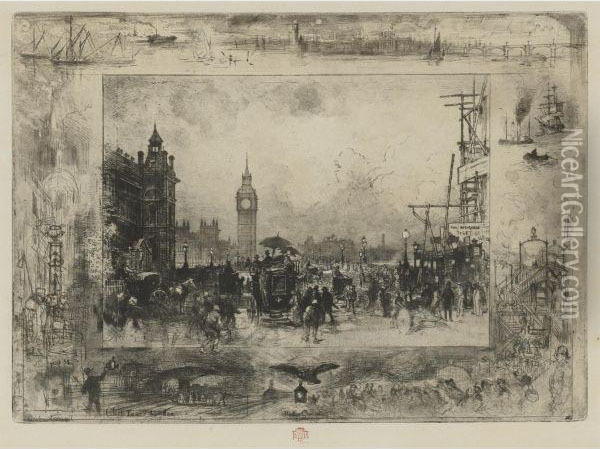 L'hiver A Paris; Westminster Palace; And Westminster Bridge Oil Painting - Felix-Hilaire Buhot