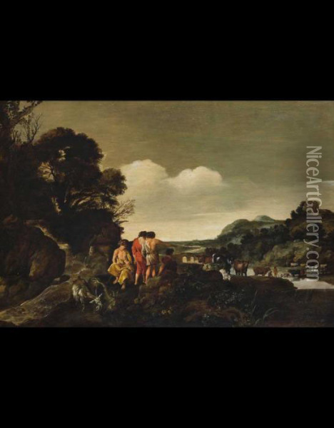 Paesaggio Campestre Con Armenti E Pastori Oil Painting - Moyses or Moses Matheusz. van Uyttenbroeck