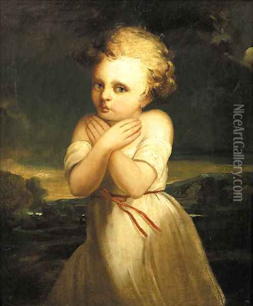 Portrait of a girl, standing small three quarter length in a landscape, wearing a white dress, being frightened by the weather Oil Painting - George Romney