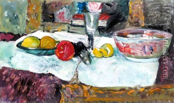 Still Life With Fruit On A Table Oil Painting - George Leslie Hunter