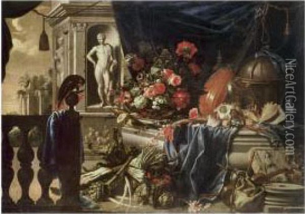 Nature Morte Aux Fleurs, Globe Et Instruments De Musique Devant Un Paysage Oil Painting - Michel Bouillon