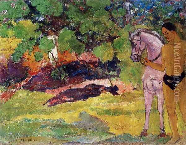 In The Vanilla Grove Man And Horse Aka The Rendezvous Oil Painting - Paul Gauguin