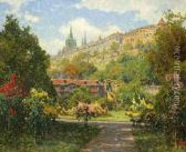 Prague In Blossom Oil Painting - Heinrich Tomec