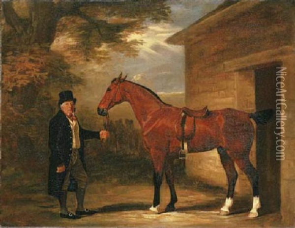 A Gentleman With A Bay Hunter Outside A Stable Oil Painting - John E. Ferneley