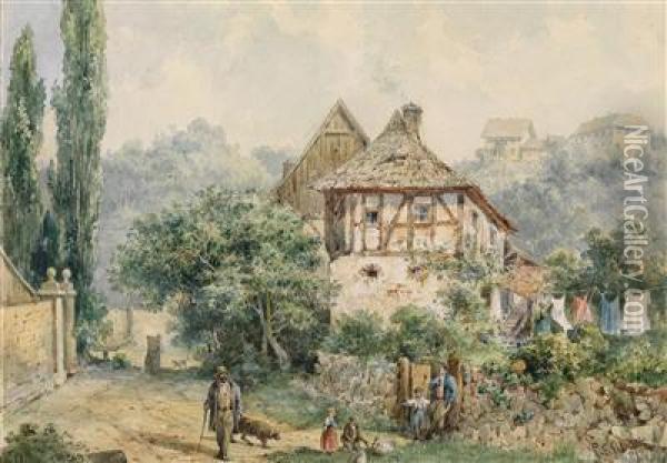 A Village Motifwith Houses On A Hill Oil Painting - Ladislaus Eugen Petrovits
