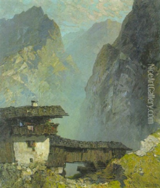 Bergbauernhof Im Hochgebirgstal Oil Painting - Oskar Mulley