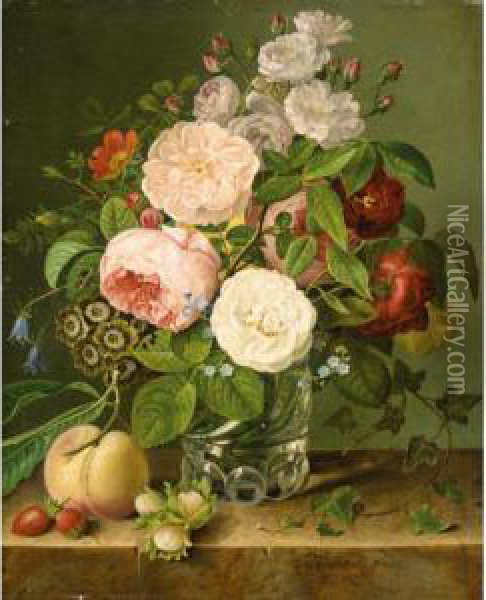 Still Life With Roses Oil Painting - Gottfried Wilhelm Voelcker