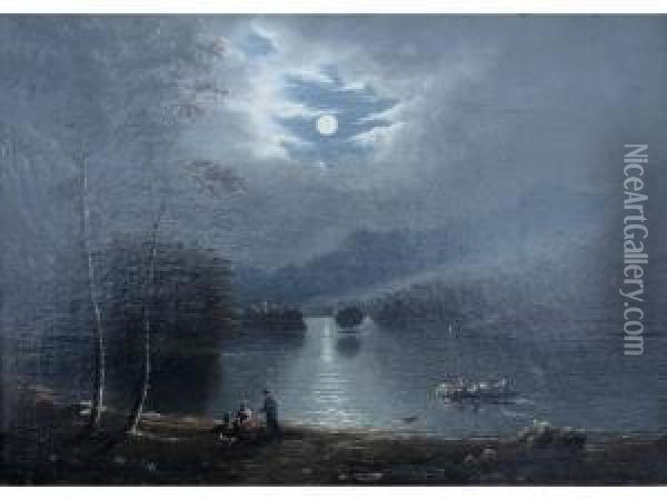 Moonlit Lake Landscape With Figures And A Boat Oil Painting - Jane Nasmyth