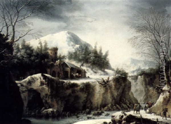 A Winter Landscape With Figures On A Mountain Path, A Castle Ruin In The Centre Ground And A City Beyond Oil Painting - Francesco Foschi
