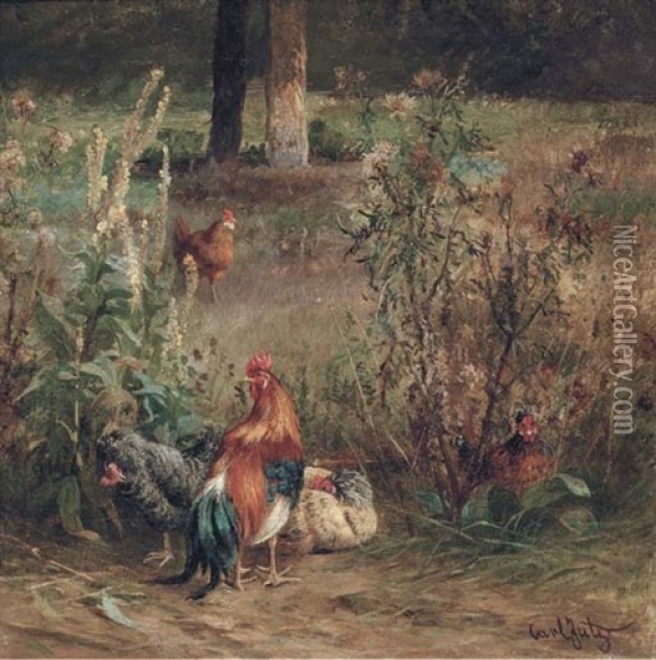 Poultry In The Undergrowth Oil Painting - Carl Jutz the Elder