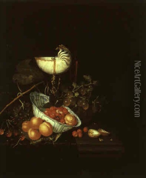 Still Life Of Fruit In A Wan-li Bowl With A Nautilus Shell And Wine Glass Oil Painting - Nicolaes Van Gelder