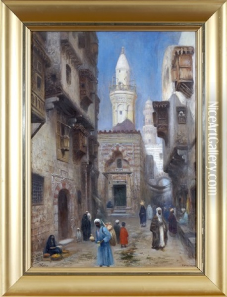 Gatuscen Fran Bazar Khan Al Khalili, Kairo Oil Painting - Frans Wilhelm Odelmark