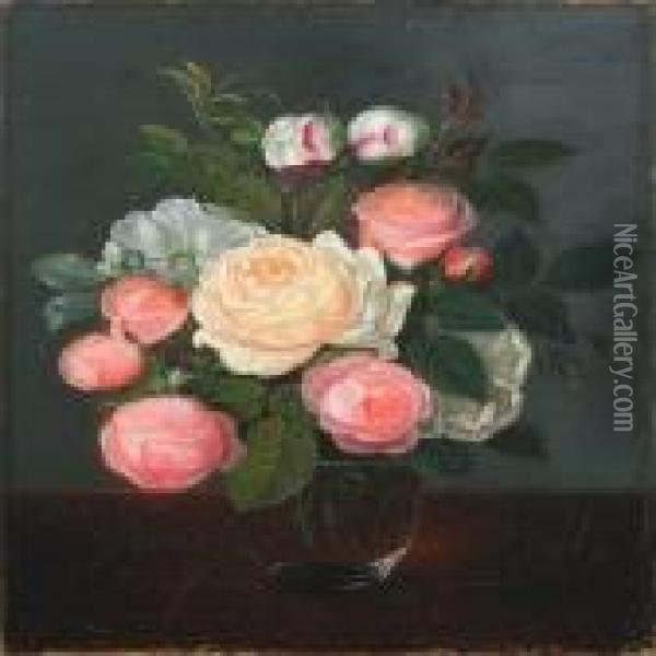 Still Life With Roses In A Glass Vase On A Table Oil Painting - I.L. Jensen