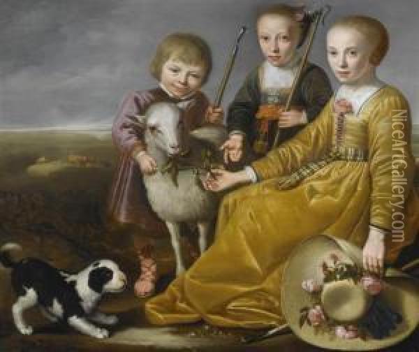 Portrait Of Three Children In A Landscape. Oil Painting - Jacob Gerritsz. Cuyp