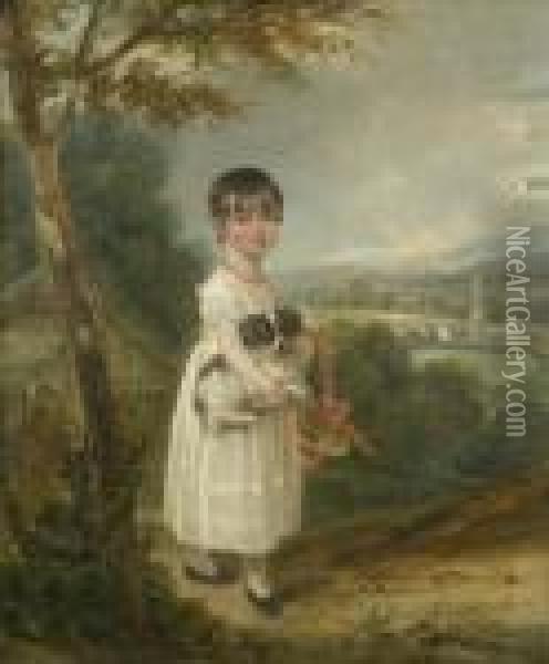 Girlholding A Puppy Oil Painting - William Westall
