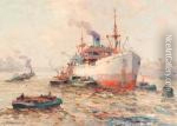 A Cargo-ship In Rotterdam Harbour Oil Painting - Gerardus Johannes Delfgaauw