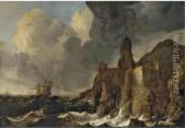 A Stormy Coastal Scene With Ships Being Wrecked Before A Clifftop Town Oil Painting - Pieter the Younger Mulier