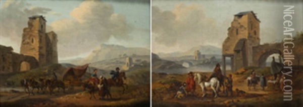 Paisaje Con Ruinas Y Personajes (+ Another; Pair) Oil Painting - Claude Michel Hamon Duplessis
