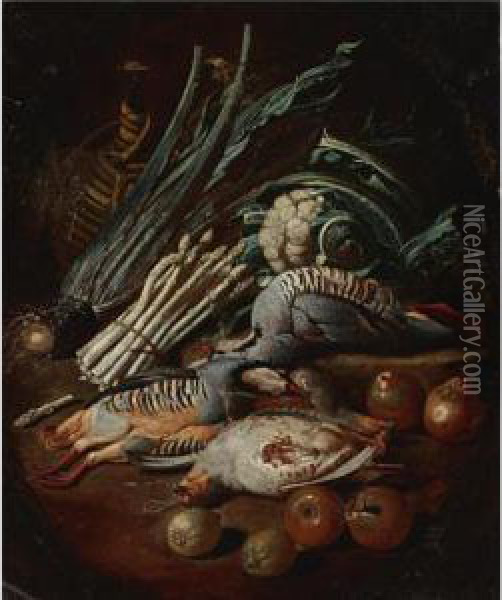 Still Life With Birds, Fruit And Vegetables Oil Painting - Jacob van der (Giacomo da Castello) Kerckhoven