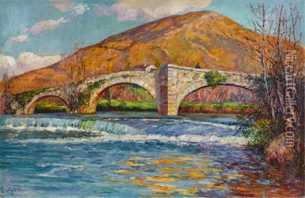 Le Pont Romain, Bidarray (?) Oil Painting - Louis Floutier