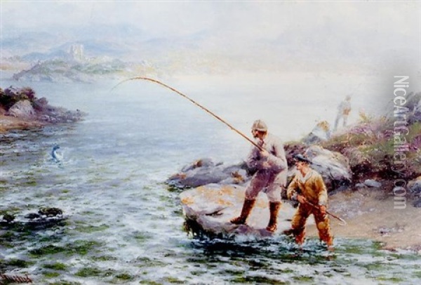 Salmon Fishing Loch Corrib Connemara Oil Painting - Thomas Rose Miles