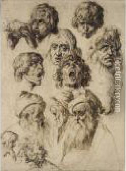 A Sheet Of Eleven Studies Of Heads Oil Painting - Andries Jacobsz. Stock