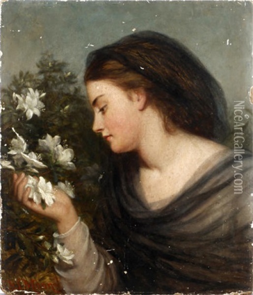 A Girl With Azaleas Oil Painting - Joshua Hargrave Sams Mann