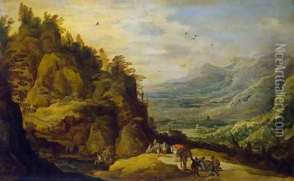 Mountainous Landscape with Figures and a Donkey Oil Painting - Joos De Momper