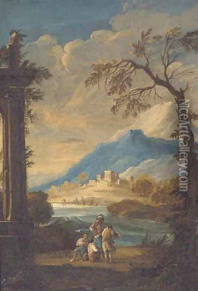 Travellers by a lakeside ruin Oil Painting - Francesco Zuccarelli