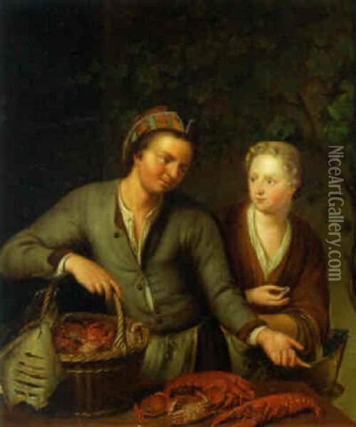 A Woman Buying Lobsters From A Fishmonger Oil Painting - Willem van Mieris
