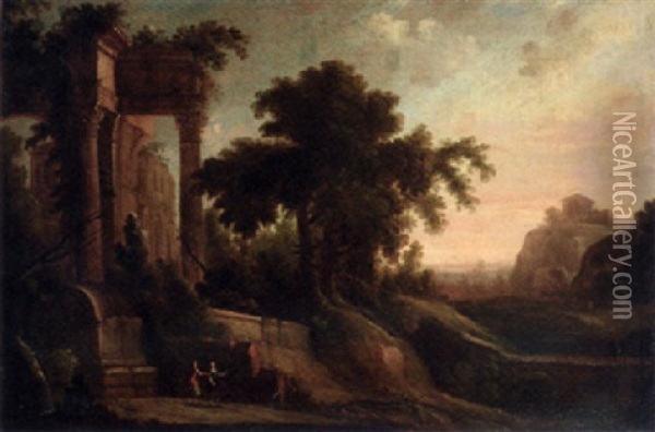 An Italianate Landscape With Figures By A Ruined Classical Tempel Oil Painting - Jacques d' Arthois