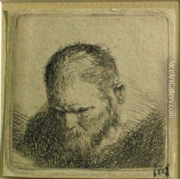 A Bearded Man Looking Down Oil Painting - Rembrandt Van Rijn