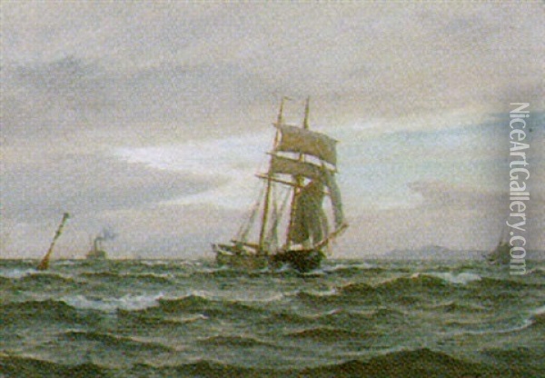 Marine Med Flere Sejl Og Motorskibe I Sundet Oil Painting - Christian Benjamin Olsen