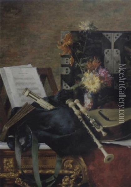 Stilleben Mit Blumen Und Musikanten Und Musikinstrumenten Vor Einem Lackkastchen Oil Painting - Desire de Keghel