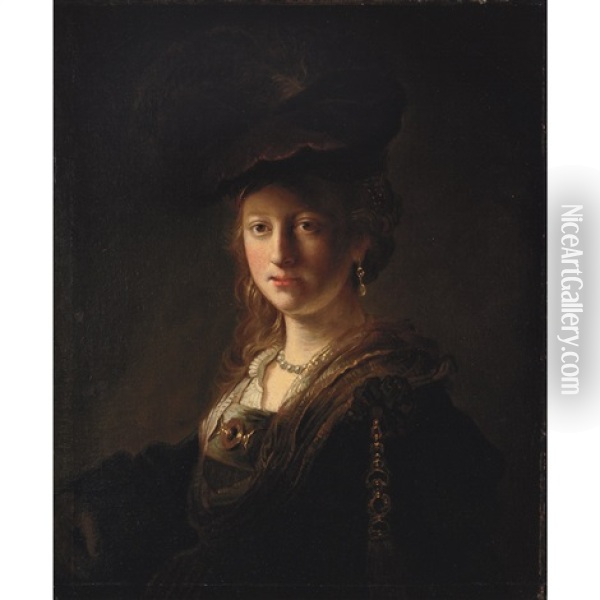 Portrait Of A Lady Wearing A Velvet Cap And Pearl Earring Oil Painting -  Rembrandt van Rijn
