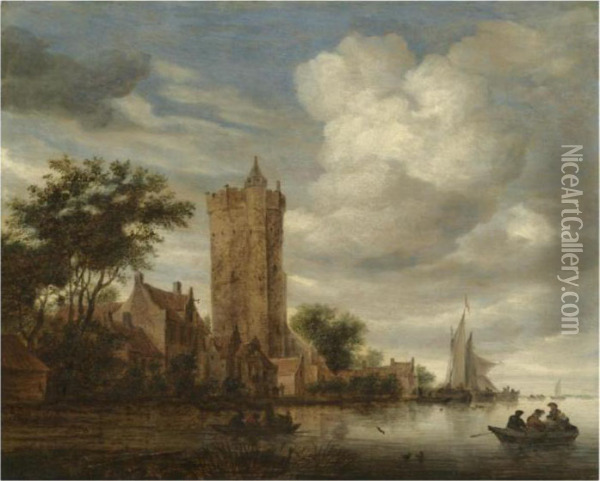 A River Landscape With A View Of
 The Bijlhouwerstoren, Utrecht, Setin A Village On The Bank Oil Painting - Salomon van Ruysdael