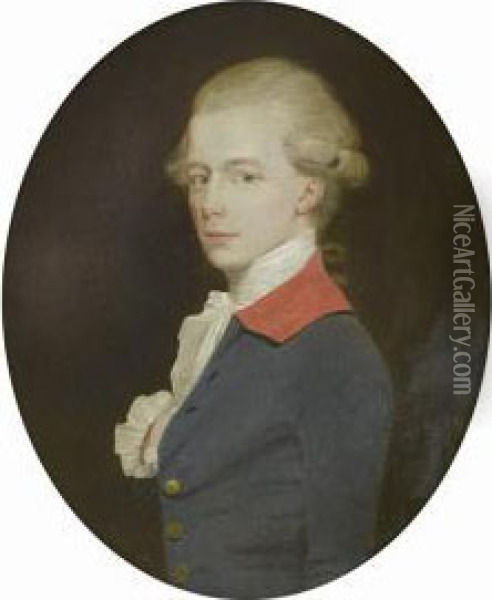 Portrait Of A Gentleman, 
Half-length, In A Blue Coat With Red Collar And A White Lace Jabot Oil Painting - John Downman