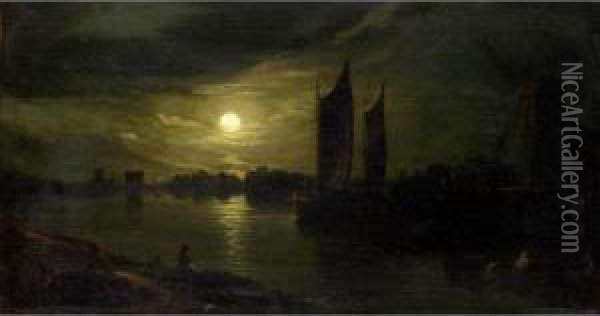 Barges By Moonlight Oil Painting - Abraham Pether