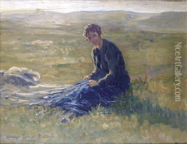 Jeune Fille Dans La Prairie A Wissant Oil Painting - Virginie Demont-Breton