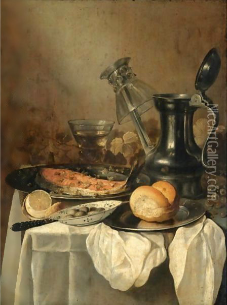 Still Life With A Pewter Flagon And Upturned Wineglass, A Slice Of Salmon Oil Painting - Pieter Claesz.